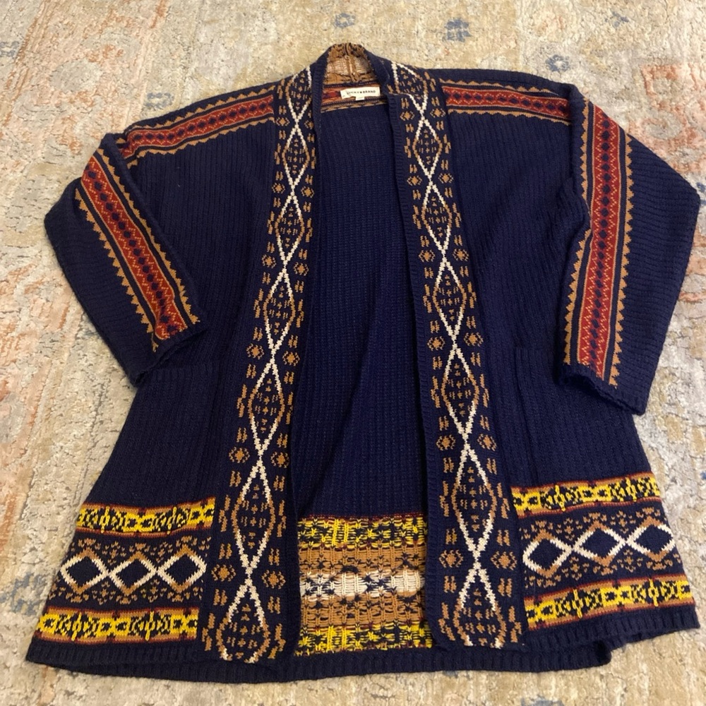 Lucky Brand Cardigan Sweater Size L Blue Orange Aztec Tribal Pockets